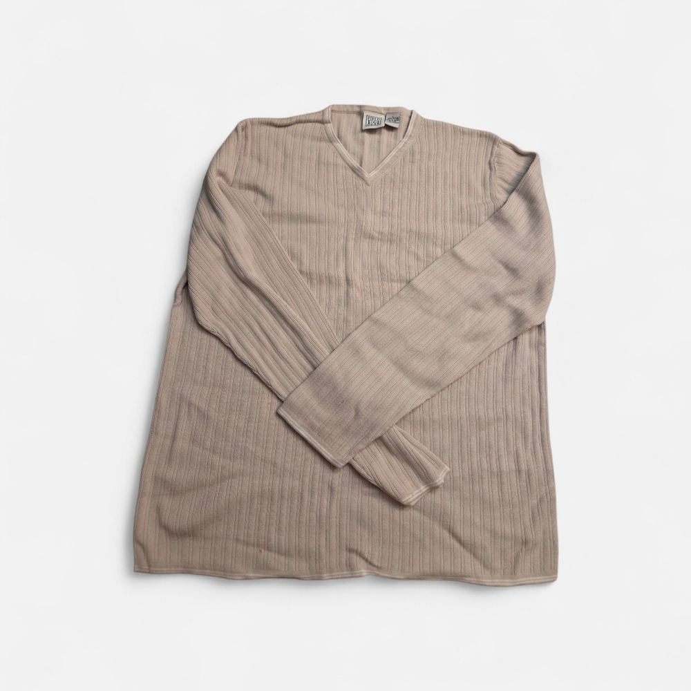 Vintage Field Gear Japan Ribbed Knit Sweater Beige V Neck Minimalist Cotton Larg